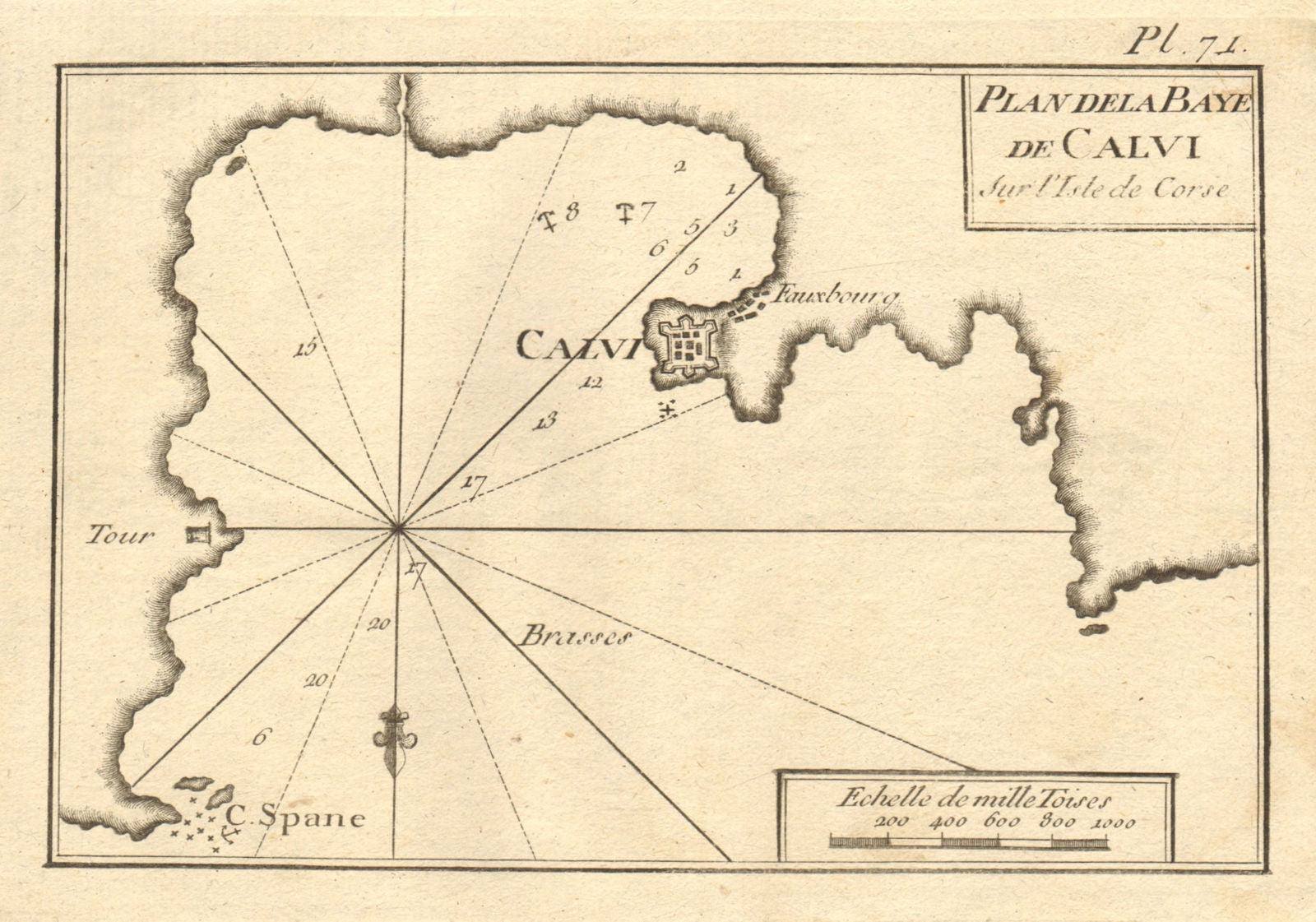 Plan de la Baye de Calvi, sur l'Isle de Corse. Calvi, Corsica. ROUX 1804 map
